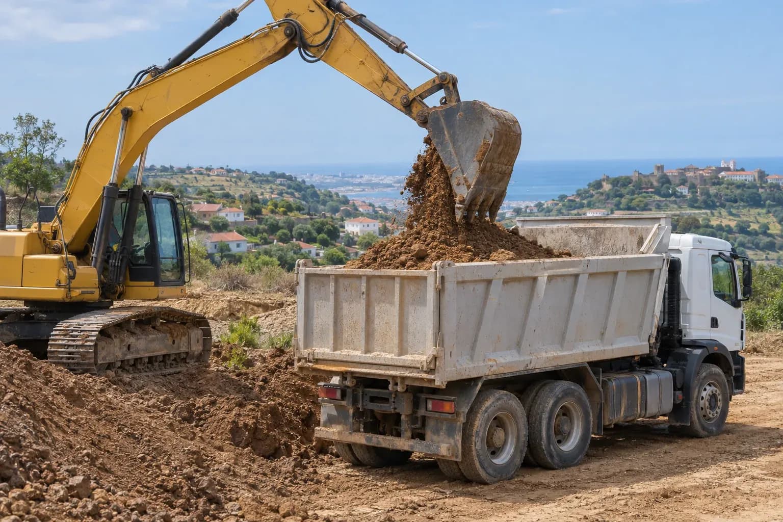 Camião a ser carregado com terra escavada num terreno de terra batida