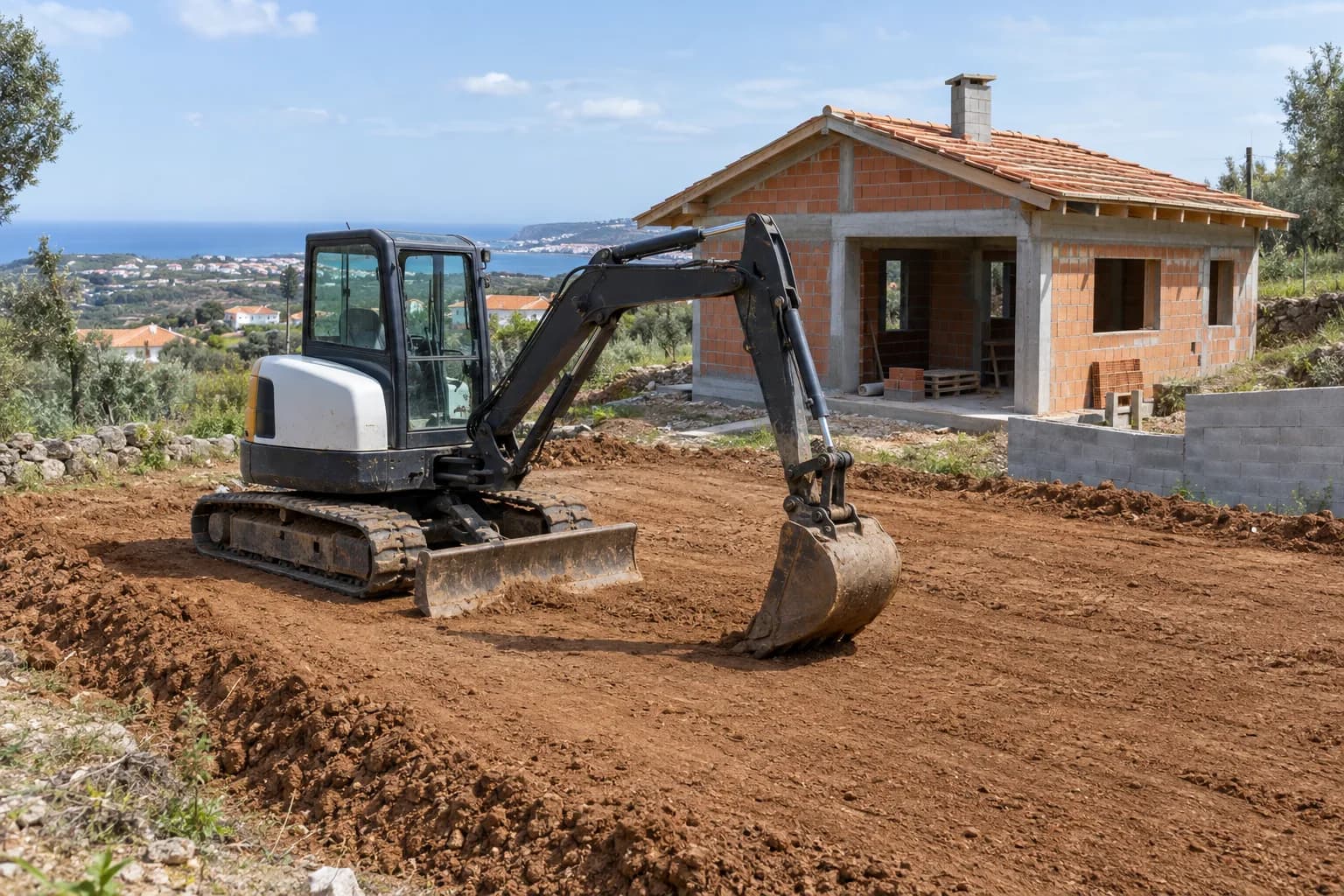 Escavadora pequena a nivelar terra num terreno, com uma casa em obras ao fundo