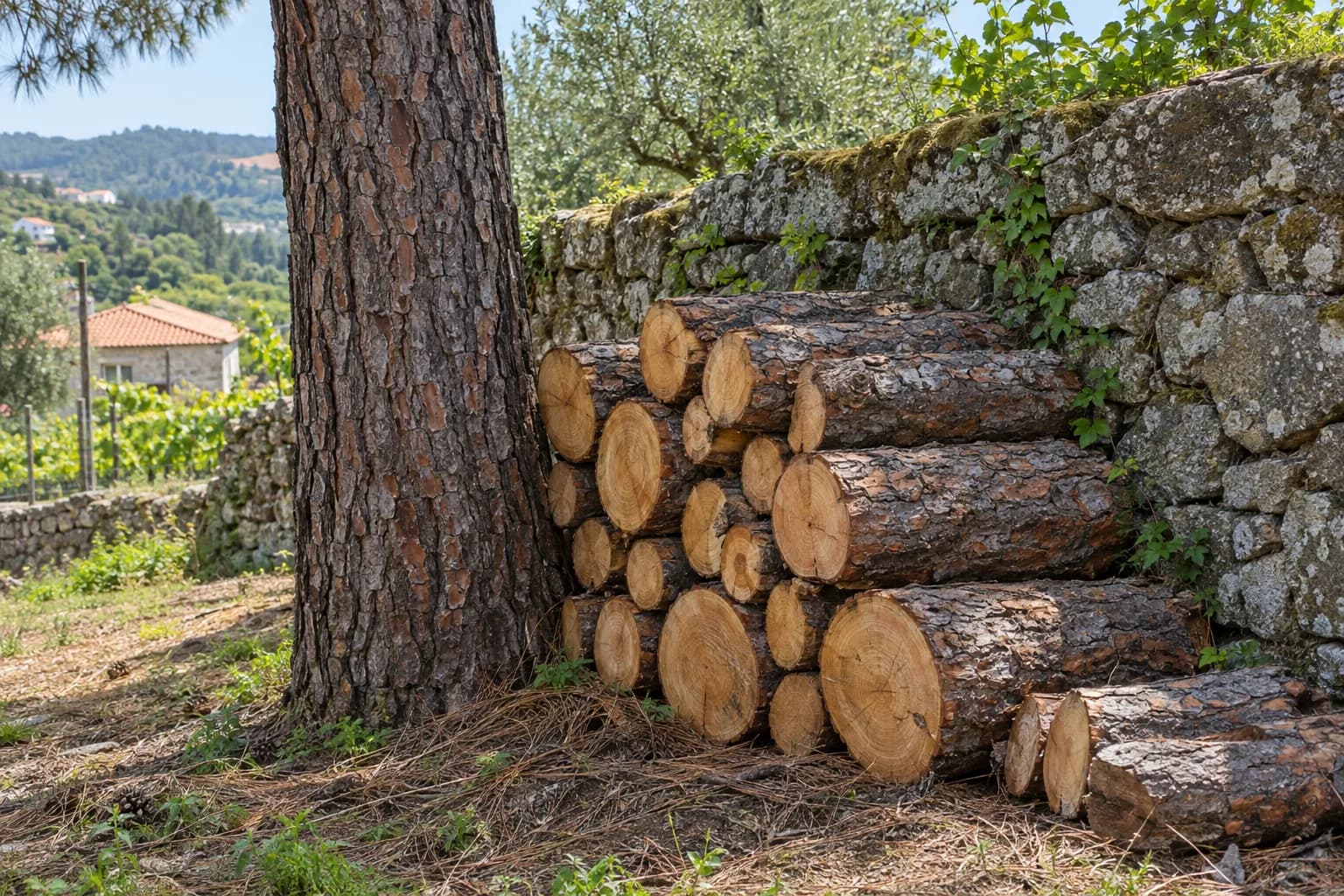 Tronco de pinheiro e troncos cortados empilhados junto a um muro de pedra