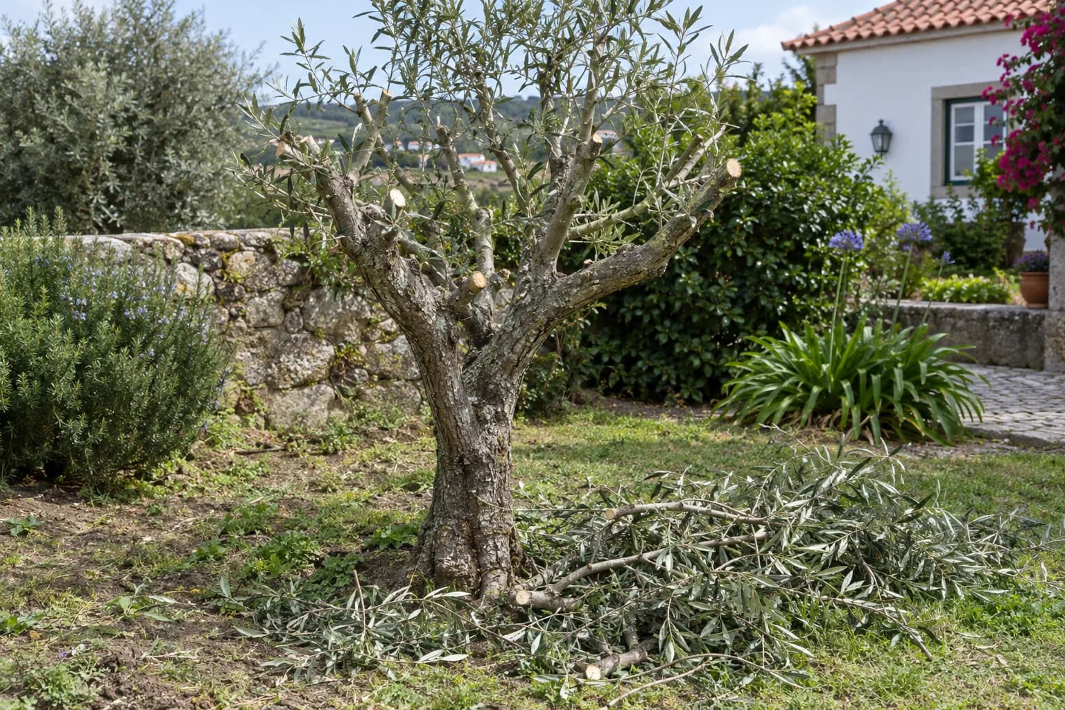 Oliveira podada com ramos cortados no chão de um jardim