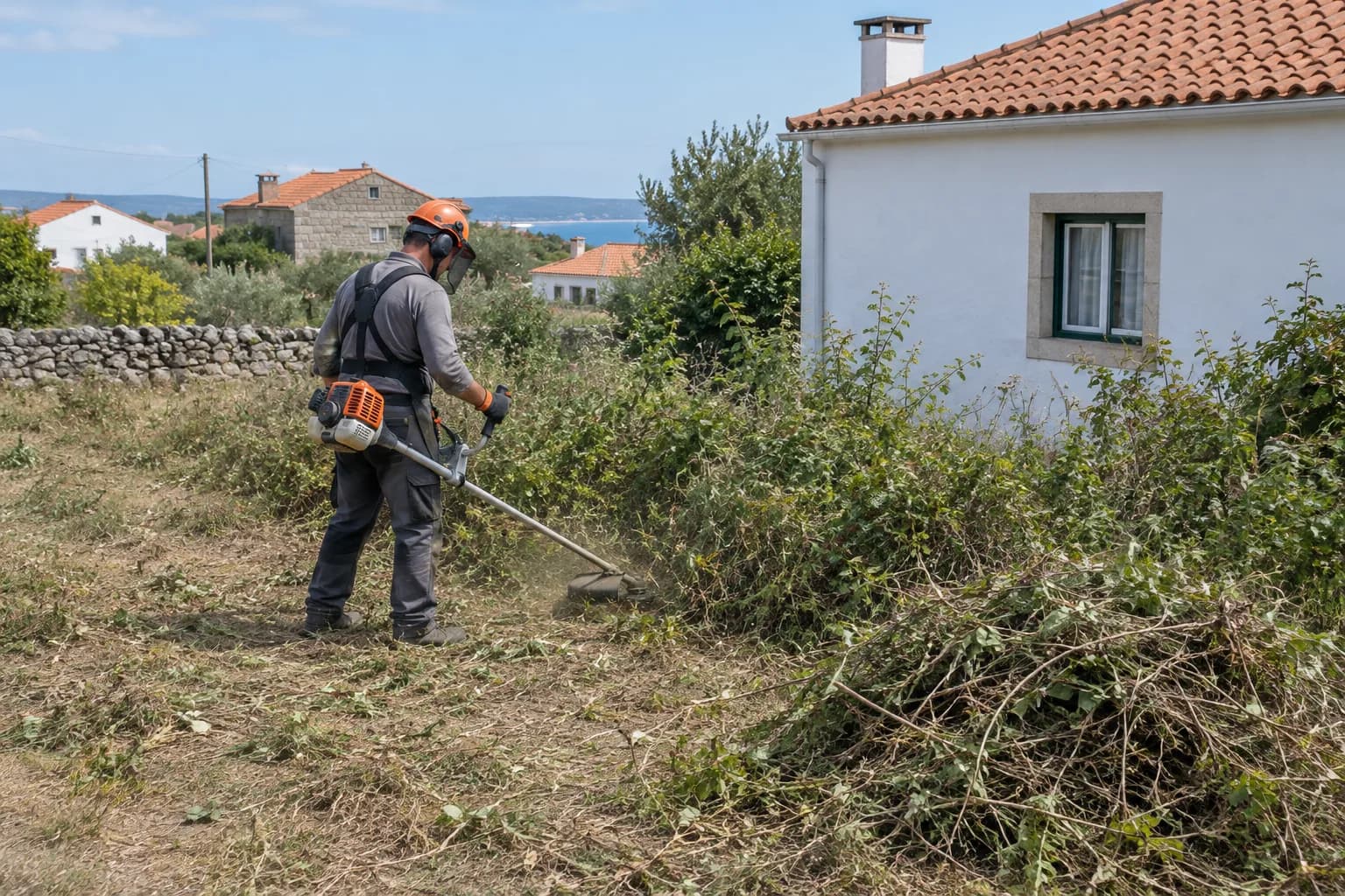 Profissional com capacete e viseira a roçar mato num terreno junto a uma casa caiada