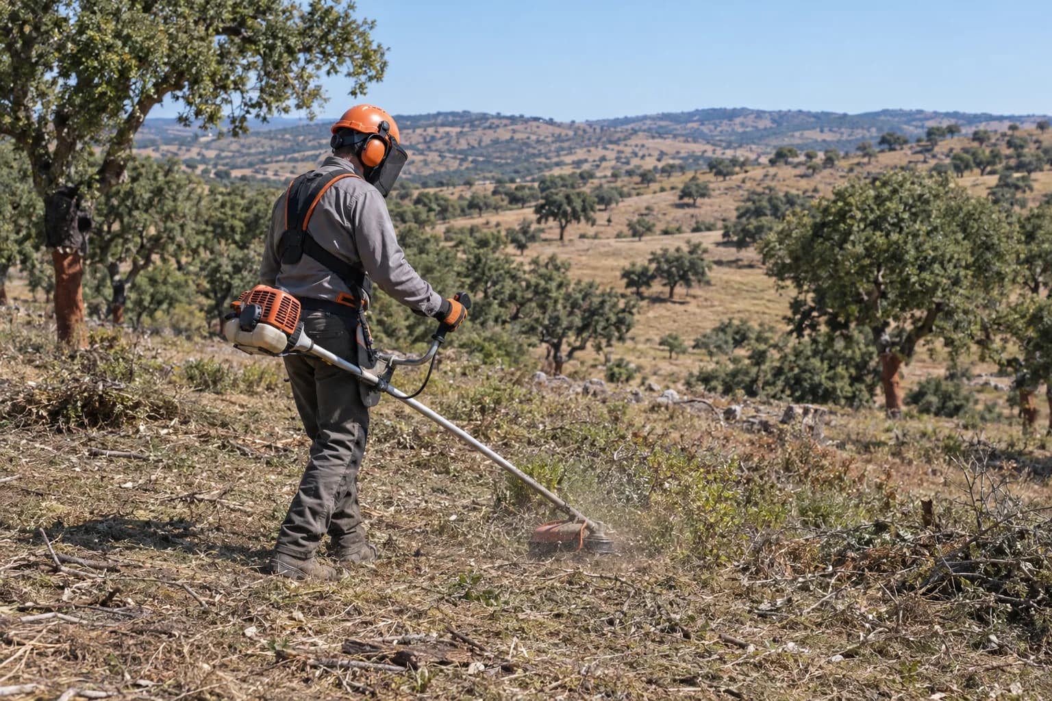Trabalhador de capacete, viseira e protetores auriculares a usar uma roçadora num terreno com sobreiros ao fundo