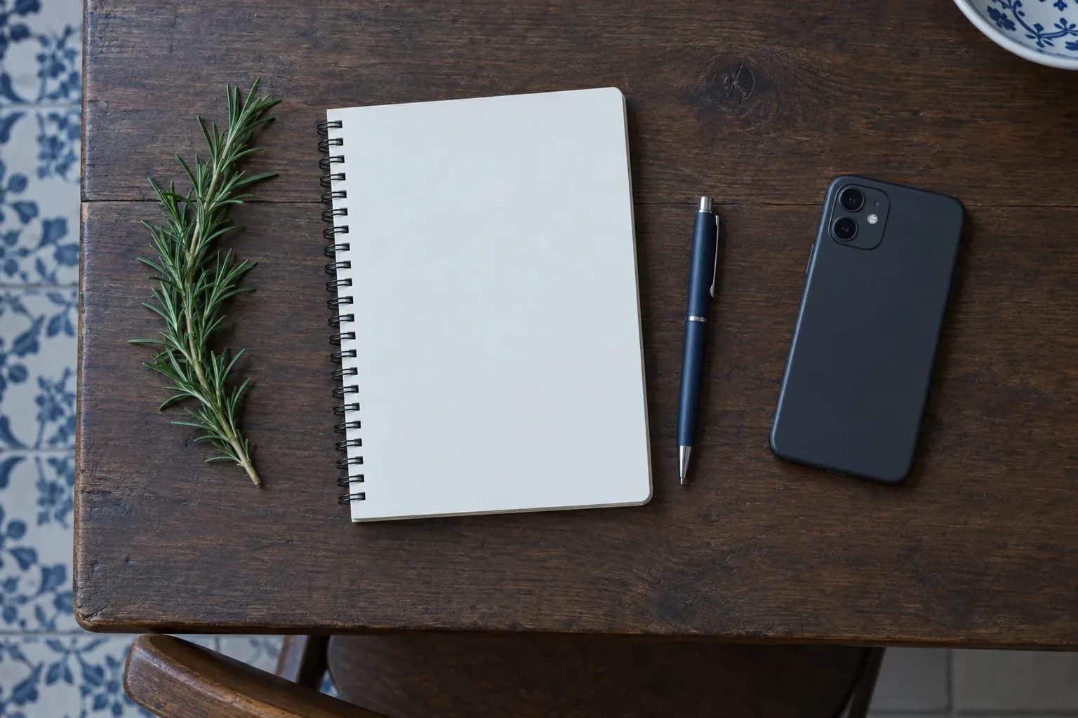 Mesa de madeira vista de cima, com um caderno aberto, uma caneta, um telemóvel virado para baixo e um ramo de alecrim