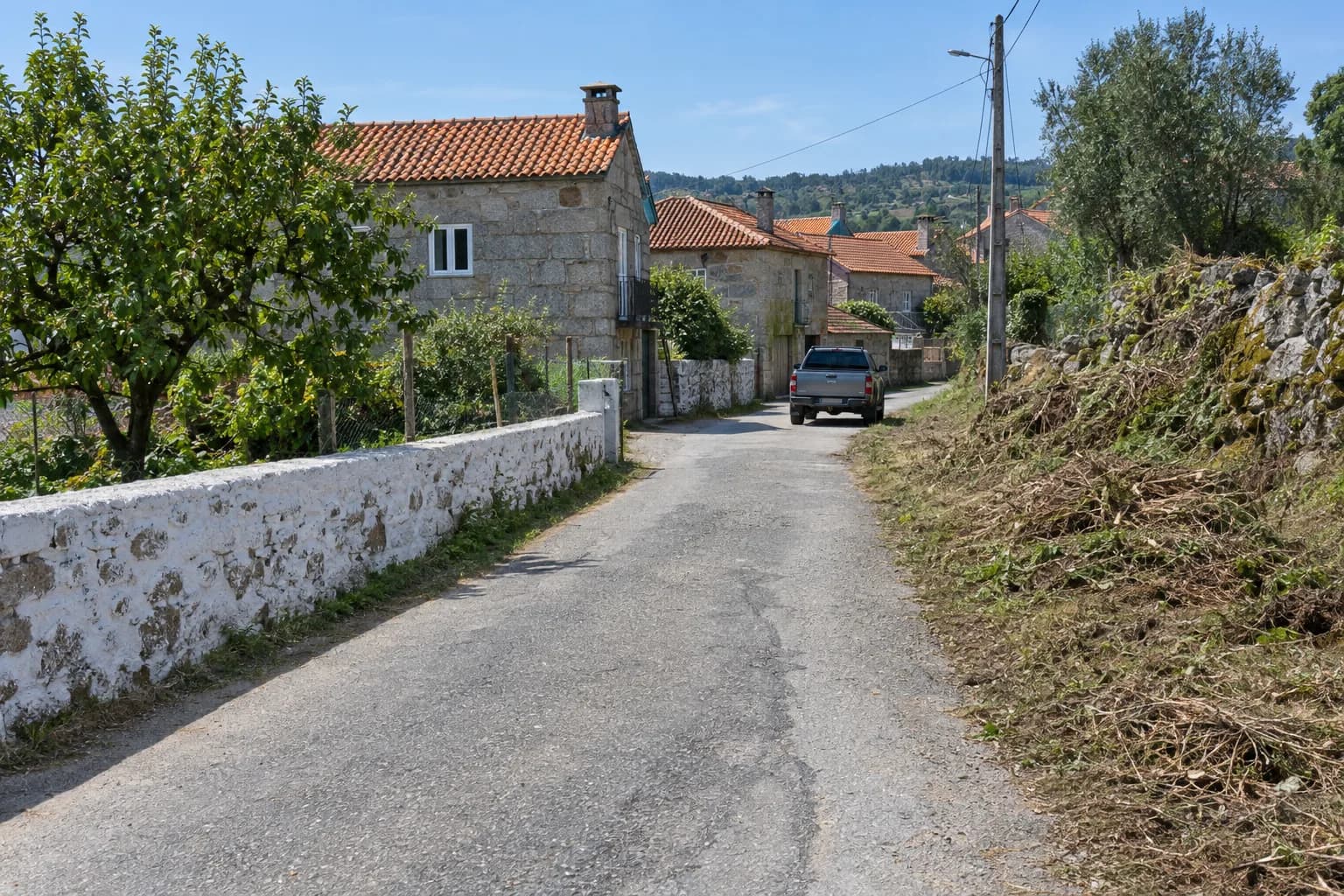 Rua de aldeia com casas de granito e telhados de telha, um muro caiado à esquerda e mato cortado junto à berma